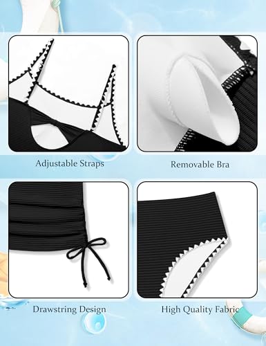 Image of Girls Tankini Swimsuit 2 Piece Set Unique Edge Girl Bathing Suit with Drawstring + Swim Briefs Swimwear Set for 9-16Y
