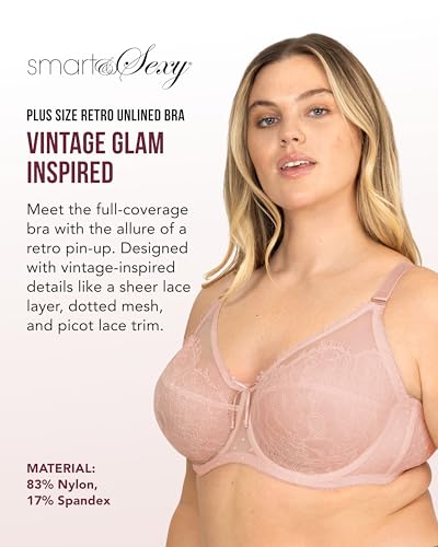 Image of Smart & Sexy Women's Full Coverage Unlined Underwire Bra, Lace & Mesh See Through Bra, Plus Size Lingerie Inspired Retro Bra