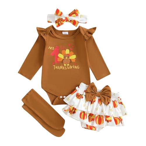 BeQeuewll Newborn Baby Girl Thanksgiving Outfit Turkey Clothes Long Sleeve Romper+Bloomers Tutu Skirt+Socks+Headband 4Pcs (Turkey-Brown 3-6 Months)