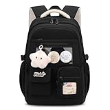 Tanou Rucksack Mädchen Schule, Wasserabweisend Groß Schultasche Kinder aus Polyester, Modische Schulrucksack Teenager mit Stern-Anhänger für die Grund- und Sekundarschule, Schwarz