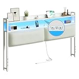 Herture Headboard for King Size Bed Frame, Headboards with Outlets, USB Ports and 60,000 DIY Color LED Light, Upholstered Head Board with Storage, Height Adjustable, White BT01CRW