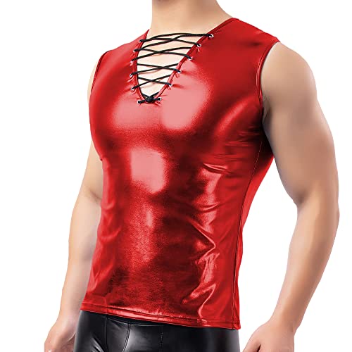 Qiati Men's Faux Leather Tank Top Undershirt Shirt Wetlook Chest Lace Up Sleeveless Vest Sport Muscle Red #TOP4