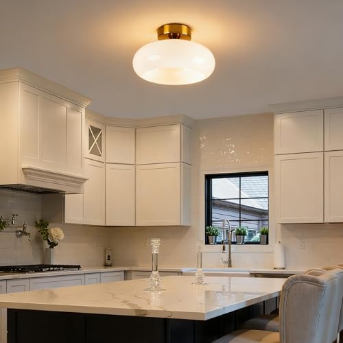 Image of Mid Century Modern Ceiling Light Milk White Glass Globe Flush Mount Ceiling Light 11 inch Brass Close to Ceiling Light Fixtures for Kitchen Bedroom Hallway Closet