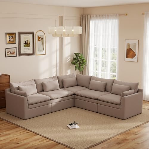 Image of WJShome Modular Sectional Sofa, Deep Seat V-Shaped Cloud Couch with Water-Resistant & Stain-Resistant Fabric, Removable Washable Covers,Modern Sleeper Sofa for Living Room, Apartment, Khaki