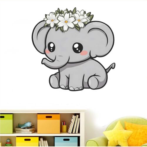 Image of Cute Ba-by Elephant Wall Sticker with Floral Crown | Self Adhesive PVC Wall Decal for Ki-ds Room, Nursery, Bedroom & Playroom Decor