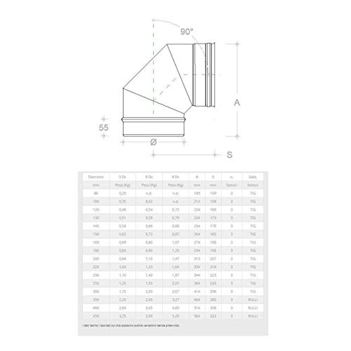 Gomito curva acciaio inox 200mm 5 decimi AISI 304 (90 gradi)