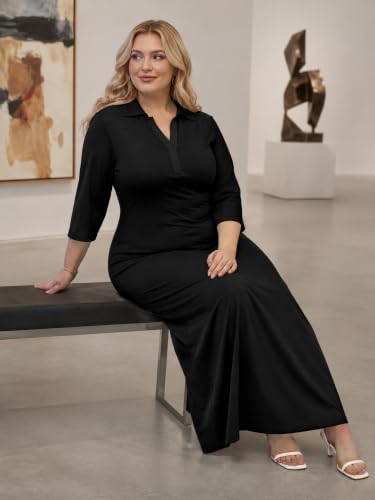 Image of PinkPatty Women's Casual 3 /4 Sleeve Polo V Neck Bodycon Maxi Dress | Semi formal, modest style, long fitted, versatile for church, work, business, office and daily wear