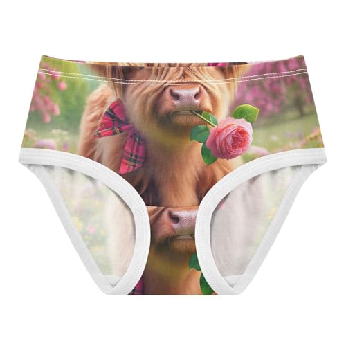 Colorful Flower Highland Cow Kids Underwear, Toddler Girl Panties, Girls Underwear Cotton, 2–8 Years