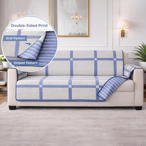 Image of STITCHNEST 'Double Vie Collection Series' Cotton Quilted Reversible Sofa Cover 1 Seater with Arm Rest and Pocket | Size 24x60 Inch