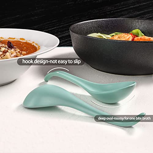 Artena 6.75 Inch Solid Asian Soup Spoon Set Of 6,Ultra-Fine Porcelain Japanese Soup Spoon, Ramen Spoons For Pho Noodles Miso, Chinese Soup Spoons For Dumpling Wonton Cereal, Deep Oval Hook Design-Teal #TOP2