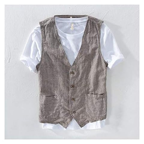QWERBAM Leinenanzug Weste Schlank-Material 55% Leinen + 45% Baumwolle Weste Männer Striped dünne Weste Weste asiatische Größe M-3XL Banquet Cover