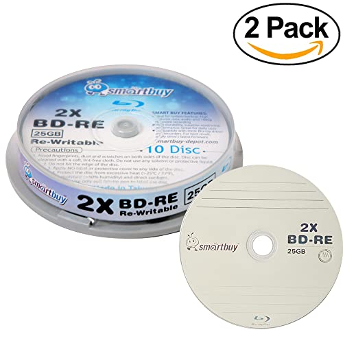 Image of 20 Pack Smartbuy 2X 25GB Blue Blu-ray BD-RE Rewritable Branded Logo Blank Bluray Disc