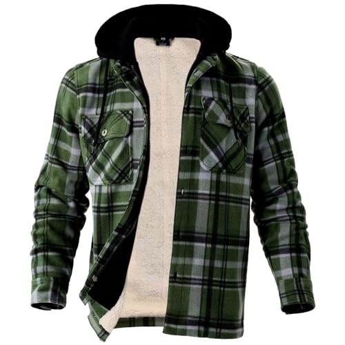 LeeHanTon Heavy Fashion Sherpa Fleece Lined Hoodies Warm Thick Flannel Plaid Jackets Zip Up Winter Coat Buffalo Zipper Sweatshirt Big&Tall Green New Size 2Xl