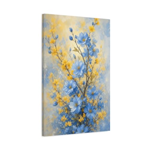 Toile imprimée fleurs bleues et jaunes impressionniste pour salon vertical 50x75 cm