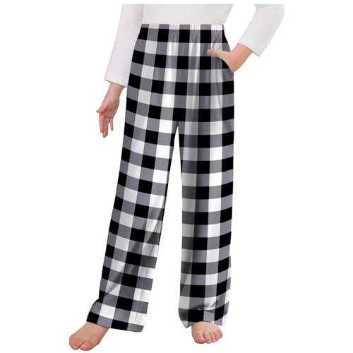 Girl's Plaid Print Pants Casual Elastic Waist Straight Leg Long - Main Image