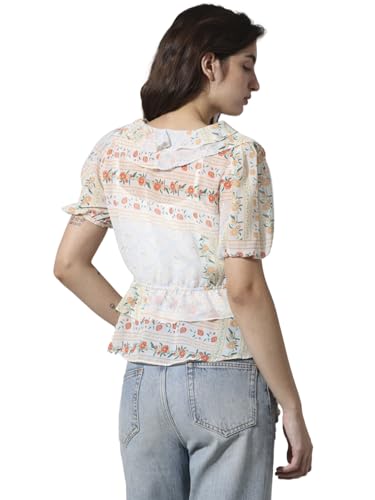 Image of ONLY Floral Printed Puff Sleeves Peter Pan Collar Chiffon Peplum Top