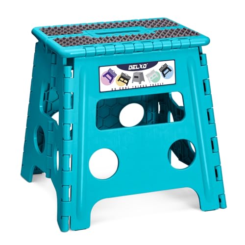 Image of Delxo Folding Step Stool, 13 inch Non-Slip Foldable Stools Up to 300 LBS, Step Stool with Handle, Lightweight for Kitchen, Bathroom, Bedroom, Garden Stepping Stool with Dotted Blue 1 PC