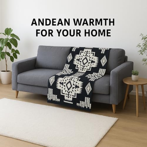Image of Alpaca Wool Blanket, Throw Size 78 x 47, Reversible 2 in 1, Thick and Ultra Soft, Hypoallergenic, Non-Itchy, Handmade in Ecuador. Premium Alpaca Wool Thtow Blanket for Cozy Comfort. Black and White.