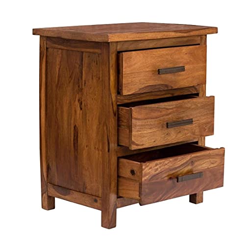 Image of SHIKHA WOOD CRAFT Solid Sheesham Wood Bedside End Table with 3 Drawer Storage for Bedroom Wooden Nightstand Table Home Office (Honey Finish)