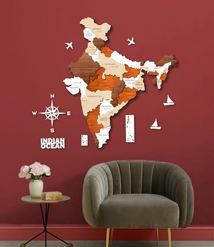 Image of AD INFINITUM 3D Wooden Map of India | Home Decor | Office Decor | A great gift for travelers | Wall decor State and Capital names with Borders (Multicolor Multilayer, 4x3 Feet, INDIA MAP)