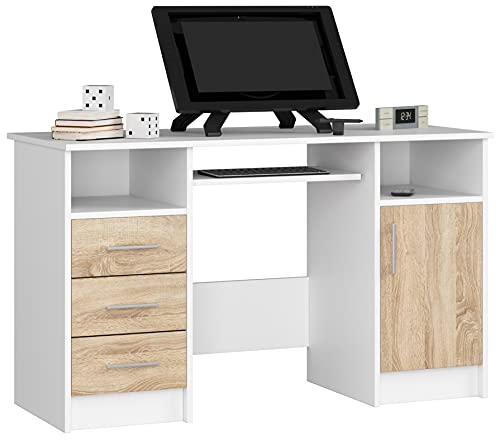 AKORD | Scrivania per PC Ana con Ripiano Per Tastiera | Scrivania per ufficio | Tavolo per computer | 3 cassetti | L124 x A74 x P52 cm, 45 kg | Bianco/rovere Sonoma