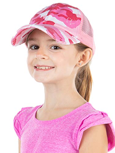Kids Criss Cross Messy Bun Ponytail Hat - Pink Camo W/Cmesh #TOP2