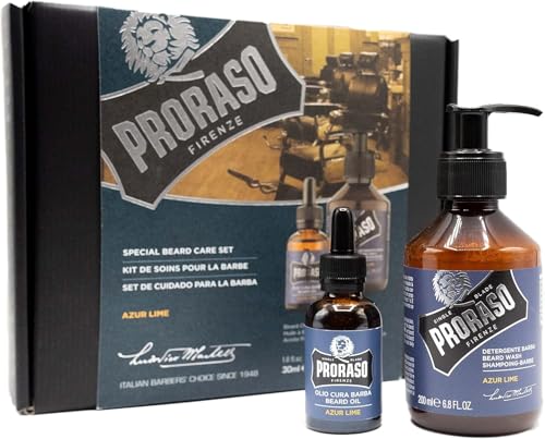 Proraso Coffret Soin Barbe Azur Lime (2 produits) - Coffret cadeau pour hommes avec nettoyant à barbe et huile à barbe, parfum musqué et frais d'agrumes - Fabriqué en Italie