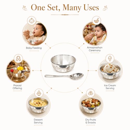 Image of 925 Sterling Silver Bowl and Spoon Set for Baby Feeding | Katori with Spoon | Premium Velvet Box | Handcrafted Feeding Set for Babies, Annaprashan, Newborn Gift
