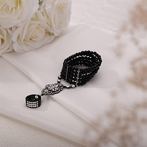 Yertter Vintage Hollween Gatsby Flapper Pearl Stretch Link Rhinestone Ring Bracelet Black Pearl 1920S Hand Chain Accessories For Weddindg Brides Party Adjustable Bracelet Women #TOP6