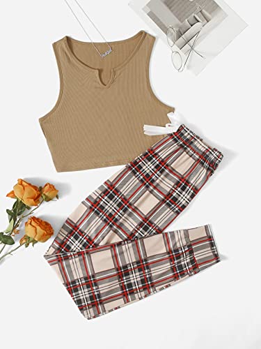 Shein Women's 2 Piece Pajama Set Notch Neck Crop Tank Top And Plaid Pants Loungewear Brown Plaid Medium #TOP2