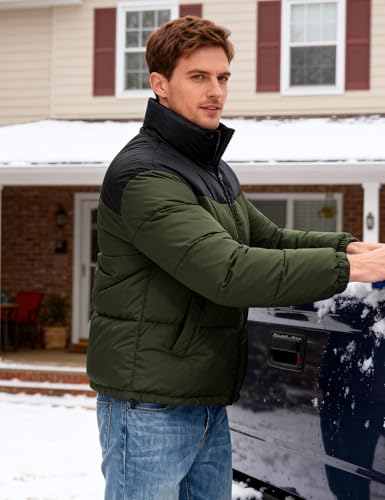 Image of PEHMEA Men's Puffer Jacket Stand Collar Zipper Coat with Pockets Retro Bubble Outwear for Winter