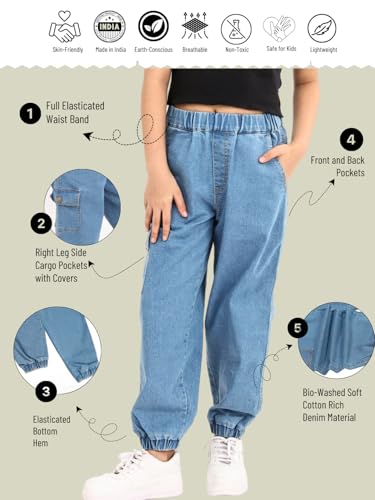 Image of olele Girls Super Jeans Collection for 4-14 Yrs | Stretchable Cotton Denim Trousers | Blue Jeans for Kids | Baggy Denim Pants | Cargo Pants for Girls