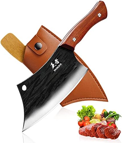 ENOKING Meat Cleaver Hand Forged Chef Knife High Carbon Steel Kitchen Butcher Knife with Full Tang Handle Leather Sheath Chopping Knife for Kitchen, Camping, BBQ (6.3 IN)
