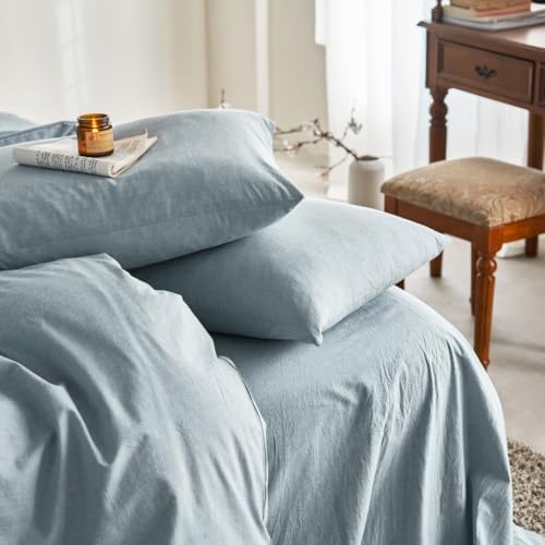 Wake In Cloud - Cotton Duvet Cover Set 100% Washed Cotton Linen Like Textured Breathable Durable Comfy Farmhouse Neutral Bedding Set 3 Pieces Light Denim Blue Queen Size
