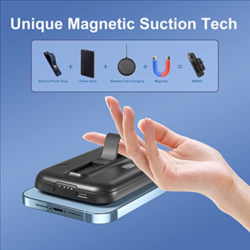 Magloop Wireless Power Bank, 5000Mah Portable Wireless Charger With Silicone Phone Grip, Magnetic Portable Charger 18W Fast Charging With Metal Ring For Iphone 14/13/12 Series #TOP3