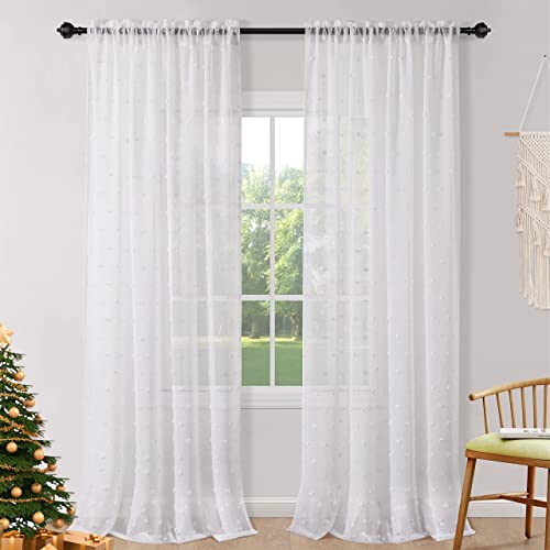 Guken Pom Pom White Sheer Curtains 84 Inch Length 2 Panels For Bedroom Living Room Farmhouse Curtains Boho Sheer White Curtains Dotted Texture Semi Sheer Curtains For Nursery Rod Pocket 52 Wx84 L #TOP7