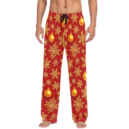 Men's Cotton Pajama Pants Pj Pants with Pockets Comfy Pajama Bottoms, Gold Snowflakes Christmas Red2