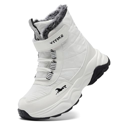 VITUOFLY Boys Hiking Boots Kids Warm Winter Snow Boots Girls Hiking Shoes Outdoor Adventure Trekking Shoes Anti-skid Sneakers White Size 5
