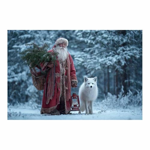 Tableau animal amusant à offrir, toile Père Noël et chien bleu 80x120cm pour la maison