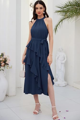Grace Karin Women'S Summer Halter Neck Sleeveless Flowy A Line Maxi Dress With Belt Navy M thumb #1