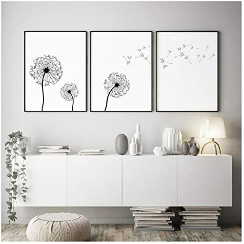 Diente de león Carteles Lienzo Pintura Arte de la pared Lámina Diente de león Blanco y negro Imágenes Minimalista Salón Decoración de arte de la pared 40x50cm x3 Sin marco Cover