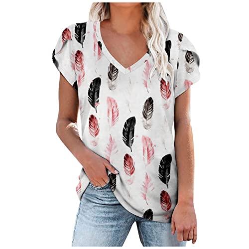 Softest Short Sleeve Blouses Lady Fall Slim Feather Print Tee Shirts Plus Size V Neck Ruffled Modern Going Out Cotton Top Women #TOP14