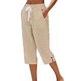 Women's Striped Linen Capri Pants Fashion Side Split...