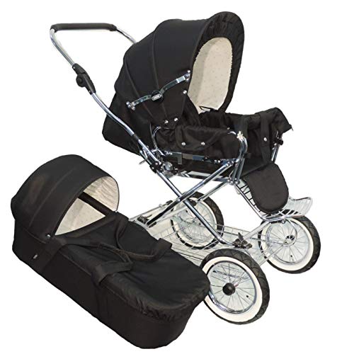 Eichhorn, 417RFSK043AIRFTC Kombikinderwagen mit Lederriemengestell mit Schiebehöhenverstellung mit Fester Tragetasche LuxVariante Luftrad, schwarz