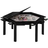 Coperat Solid Wood Board Game Table for 4-6 Players,Hexagonal Dining/Gaming Table w/Removable Top,Includes Game Mat, 6*Cup Holders & Hobby Tray (Black)