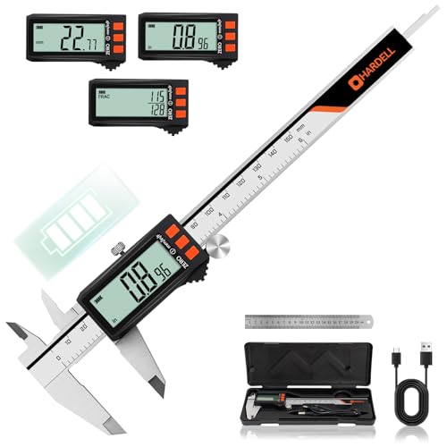 HARDELL Digital Caliper, Rechargeable Digital Caliper with Power Display, 6 inch Caliper Measuring Tool with Large LCD Screen, Digital Micrometer with MM/in/F Conversion for Jewelers/Woodworkers/DIY