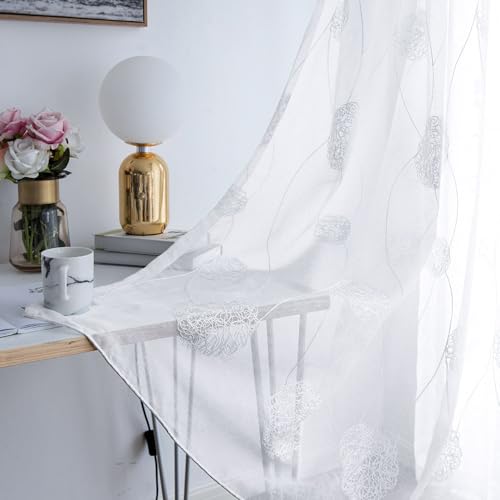 MRTREES Cortinas Bordadas Translucidas de Habitacion Infantil 2 Piezas 140x245cm Visillos Salon Hortensia Blancos con Ojales para Ventanas Dormitorio Matrimonio Moderno Comedor Cuarto Niños Cocina