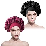 Jinlaili 2PCS Bonnet Schlafmütze, Schlafhaube Seide, Satin Bonnet Nacht Schlaf, Schlafhaube mit breitem Gummiband für Damen Mädchen Schlafen Haarpflege - Schwarz & Weinrot