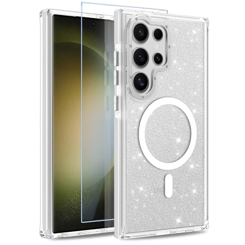 Image of Magnetic Case for Samsung Galaxy S23 Ultra [Compatible with Magsafe] [Bling Glitter Fluorescent Design] [1 Screen Protector] Slim Translucent Matte Case for Galaxy S23 Ultra 6.8 inch, White