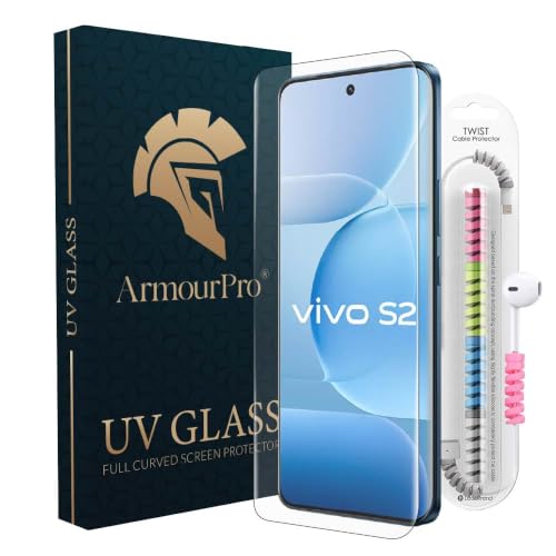Image of ArmourPro UV Glue Tempered Glass for Vivo S2 Curved Screen Protector, 9H Anti Scratch, Edge-to-Edge Coverage, HD Clarity, Easy UV Kit with Cable Protector